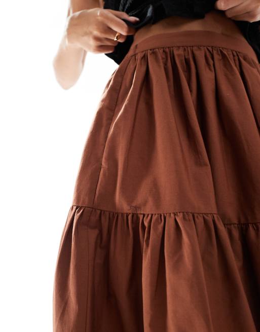 ASOS DESIGN tiered boho maxi skirt in brown