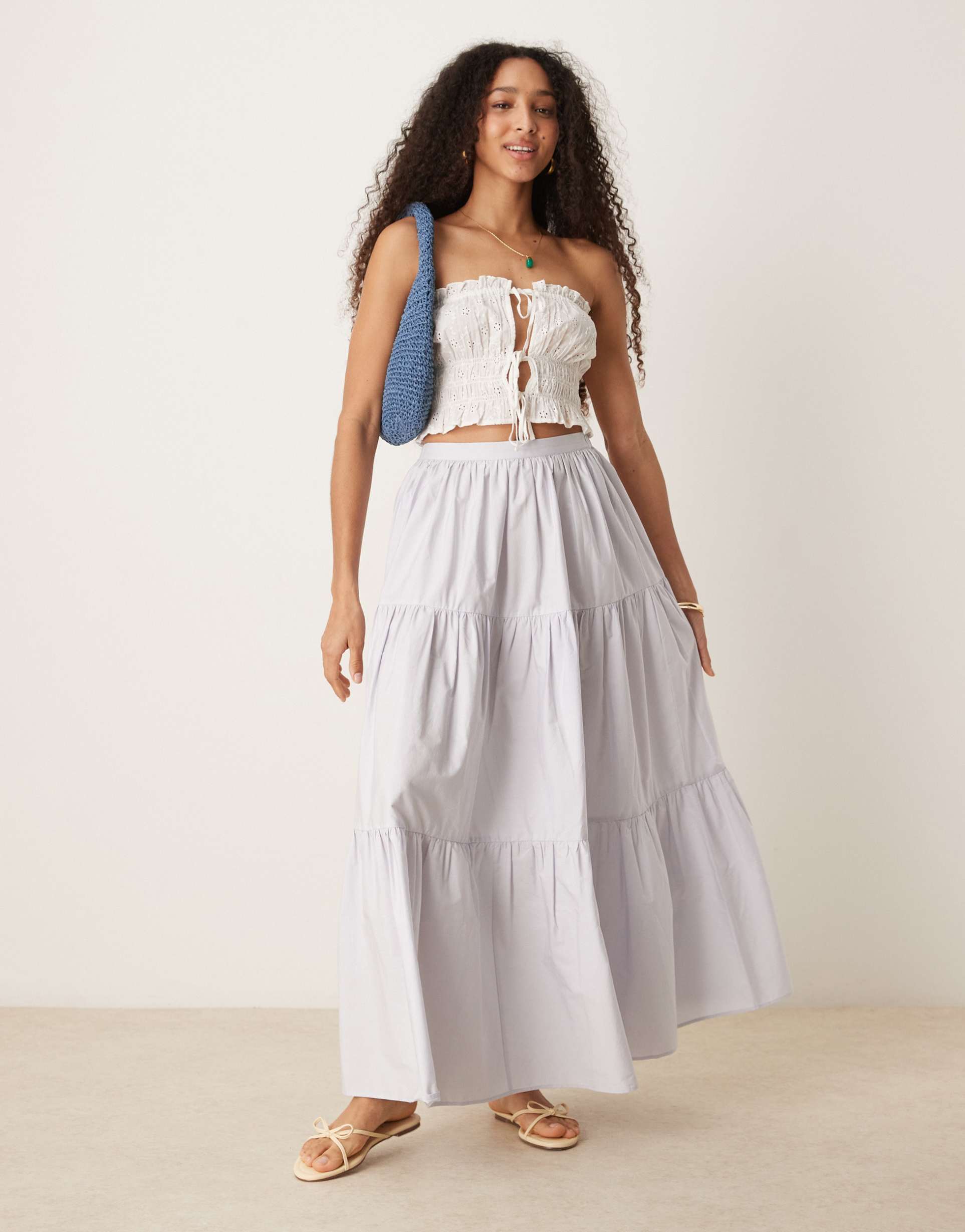 asos design tiered boho maxi skirt in washed blue