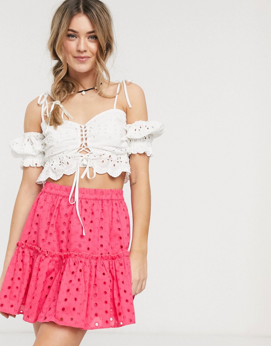 ASOS DESIGN tiered broderie mini skirt in pink-Multi