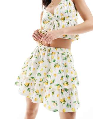 Asos Design Tiered Broderie Skirt In Lemon Print-multi