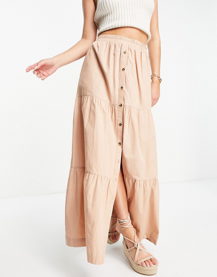 ASOS DESIGN tiered button front maxi skirt in tan-Brown
