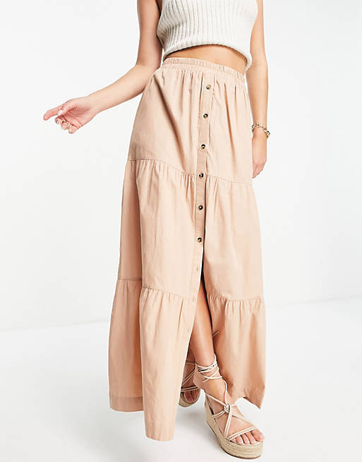 Women tiered button front maxi skirt in tan 