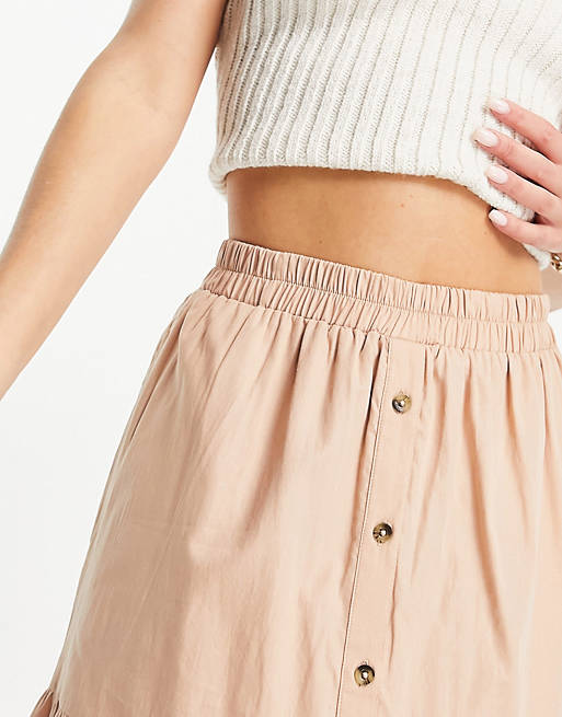 Women tiered button front maxi skirt in tan 