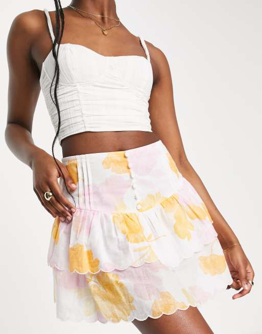 ASOS DESIGN tiered button front mini skirt with scalloped hem in