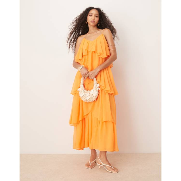 ASOS DESIGN tiered cami layered maxi dress in bright orange | ASOS