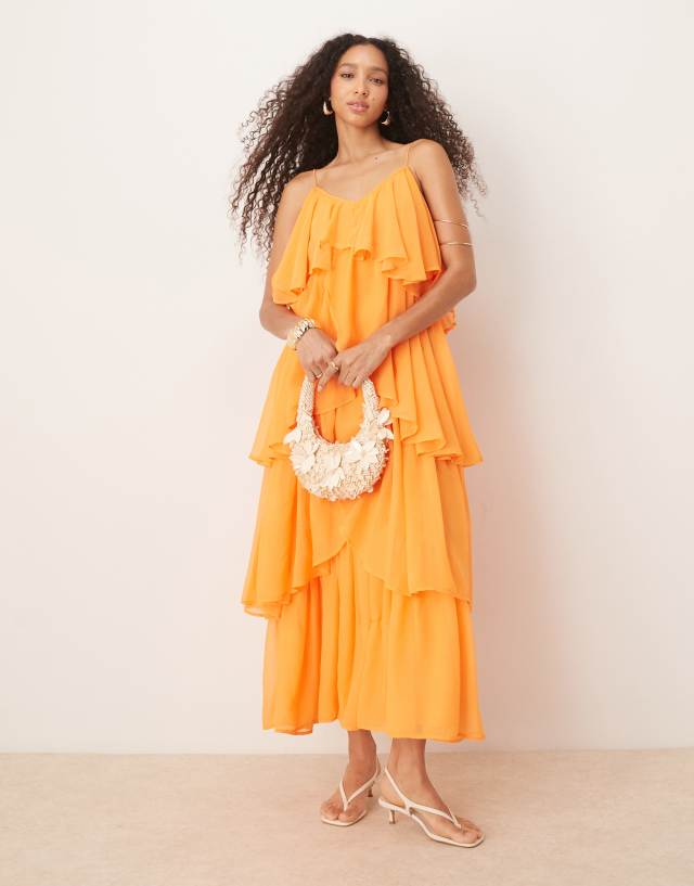 ASOS DESIGN tiered cami layered maxi dress in bright orange | ASOS