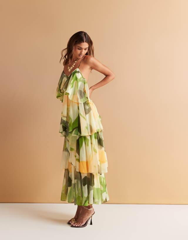 floral print layered dress ASOS DESIGN tiered cami maxi in crystal satin ball gown