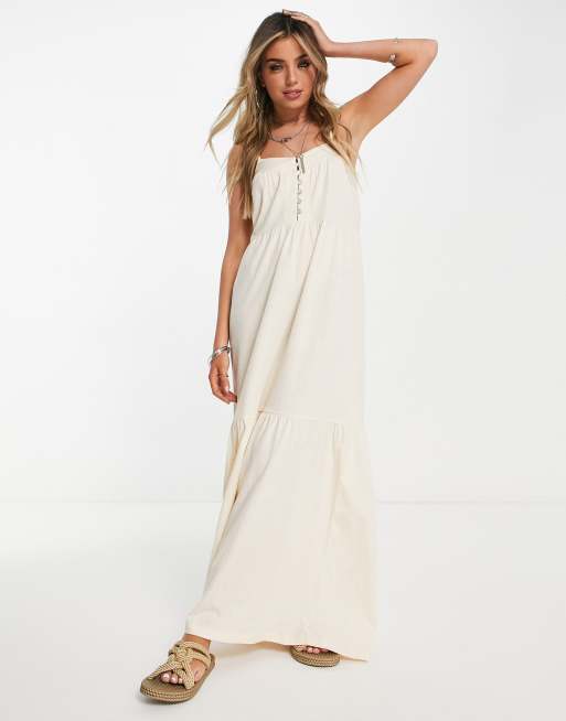 ASOS DESIGN tiered cami maxi dress with faux shell buttons in cream | ASOS