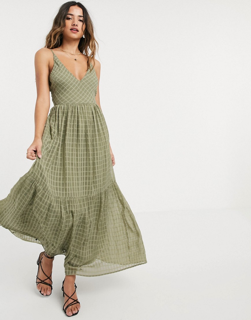 ASOS DESIGN tiered cami maxi dress with open back in khaki-Green