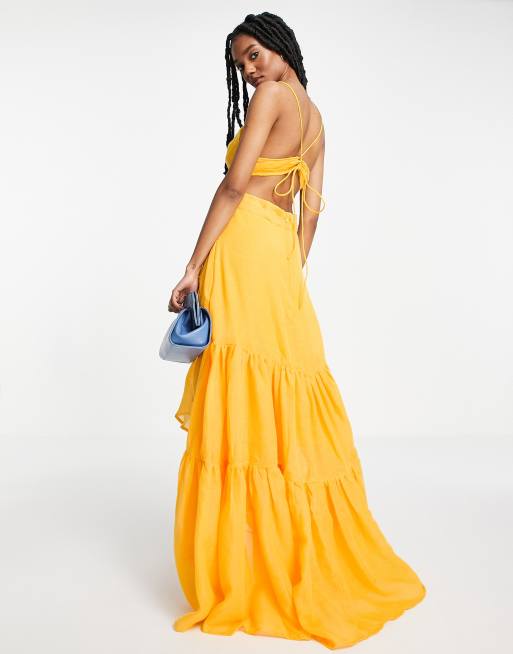 ASOS DESIGN tiered cami maxi dress with pleated bodice detail in yellow