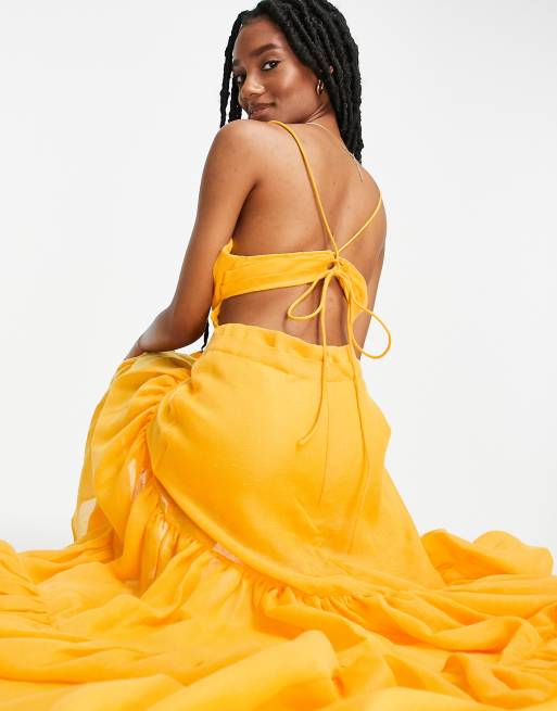 ASOS DESIGN tiered cami maxi dress with pleated bodice detail in yellow