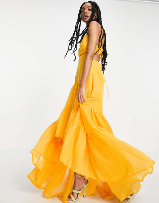 ASOS DESIGN tiered cami maxi dress with pleated bodice detail in yellow