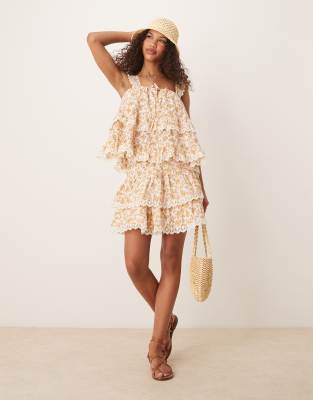 Asos Design Tiered Cami Top With Lace Trim In Brown
