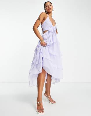 ASOS DESIGN tiered chiffon halter neck midi dress with cut out and ruffle detail in lilac