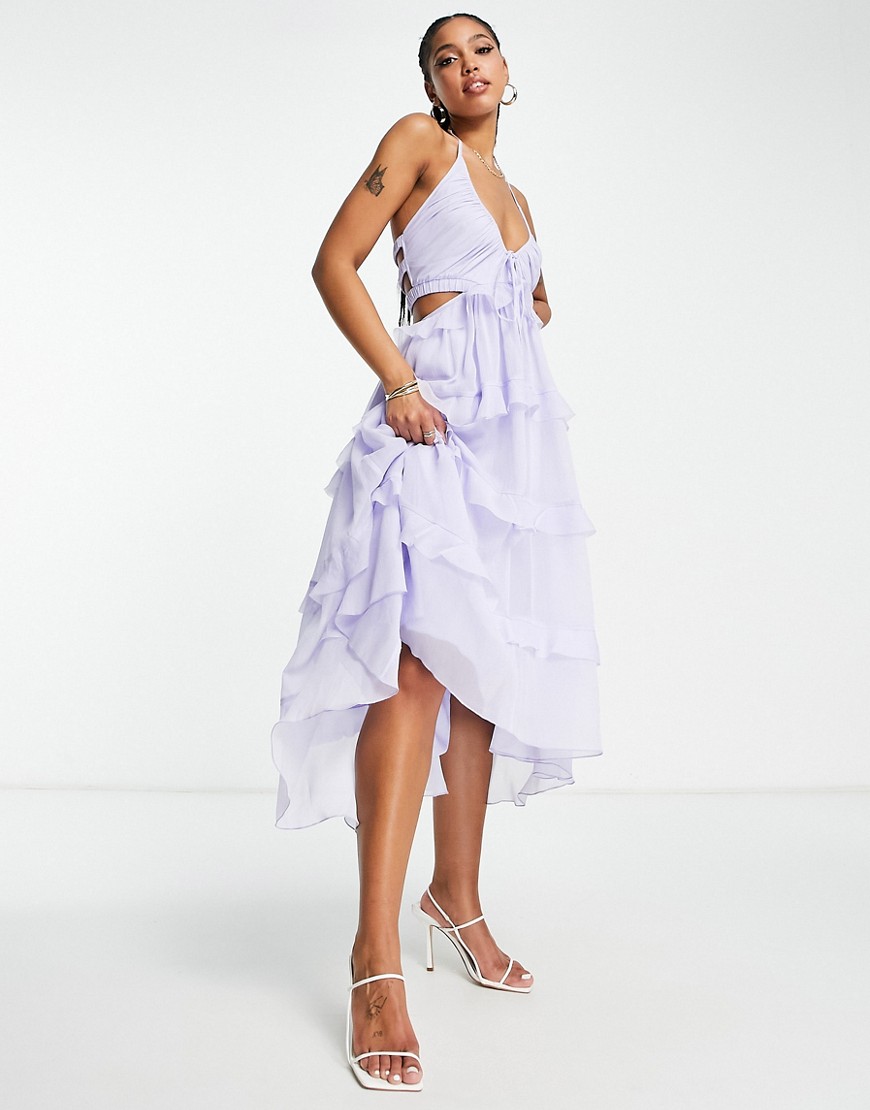 Asos Design Tiered Chiffon Halter Neck Midi Dress With Cut Out And Ruffle Detail In Lilac-Purple
