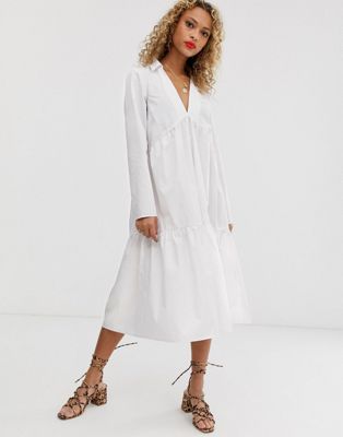 ASOS DESIGN tiered collared cotton smock midi dress with long sleeves ...