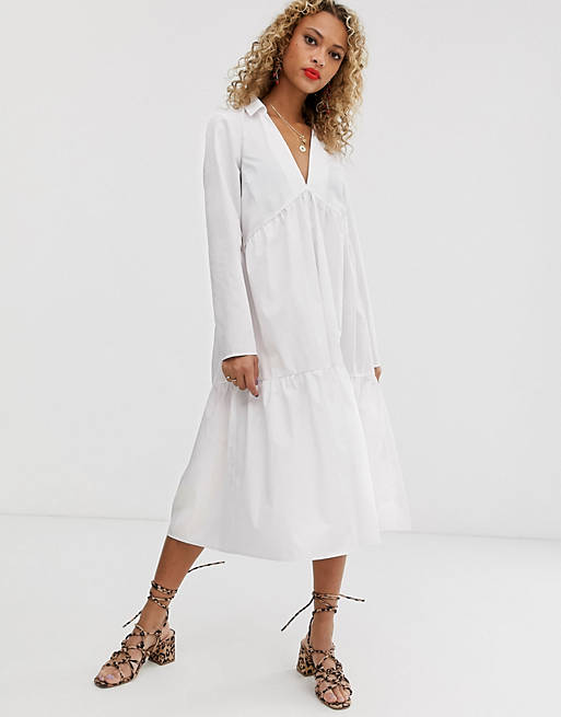 ASOS DESIGN tiered collared cotton smock midi dress with long sleeves