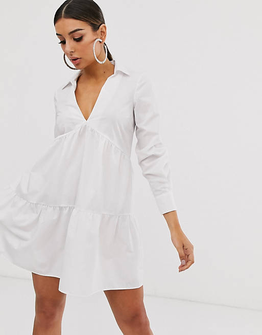 ASOS DESIGN tiered collared cotton smock mini dress with long sleeves