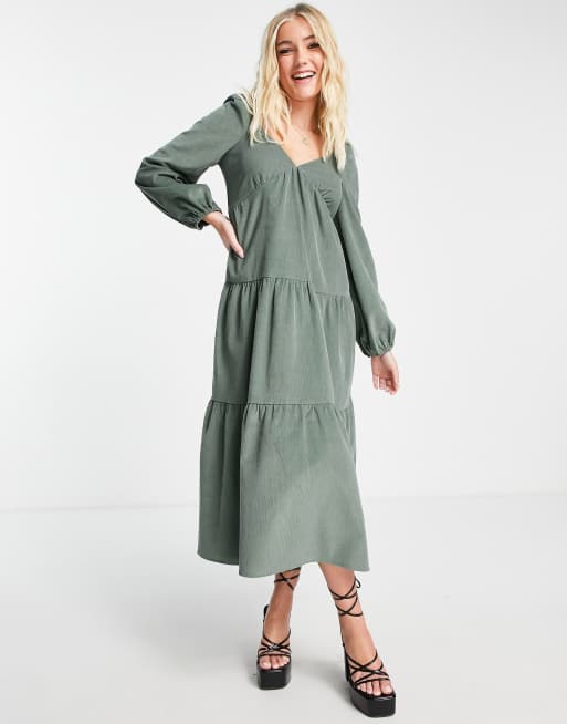 ASOS DESIGN tiered cord babydoll midi smock dress in khaki