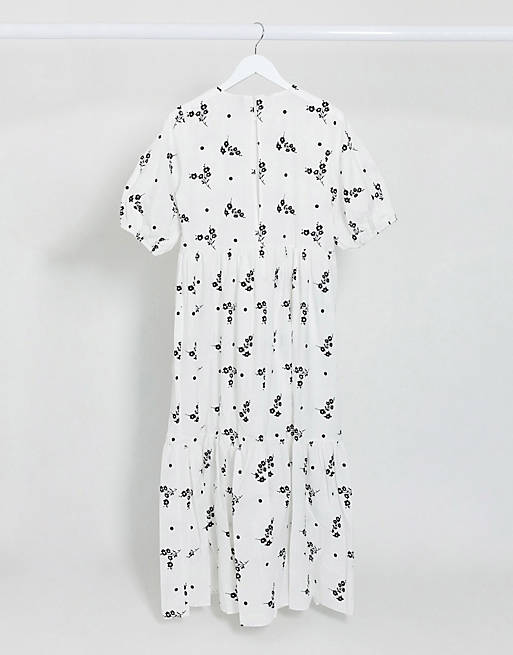  tiered cotton poplin smock midi dress in mono floral print 