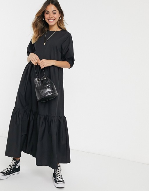 ASOS DESIGN tiered cotton poplin smock midi dress in black