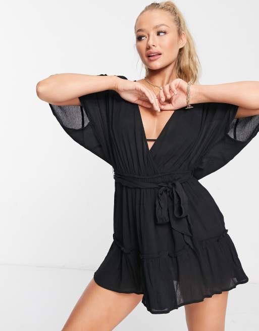 ASOS DESIGN tiered crinkle beach cover up in black