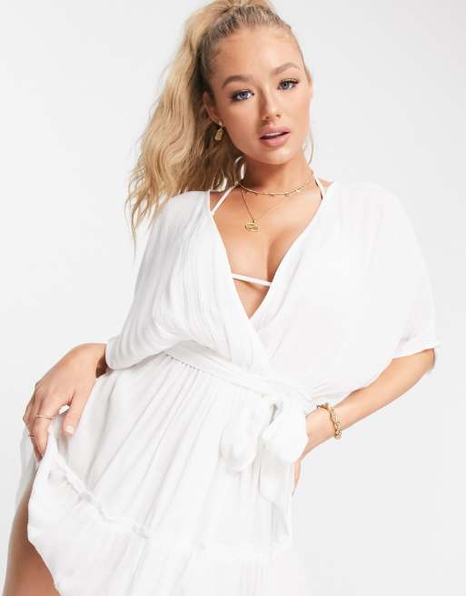 ASOS DESIGN tiered crinkle beach cover up in white