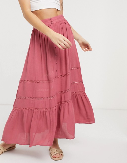 ASOS DESIGN tiered crinkle maxi skirt with lace insert in rose