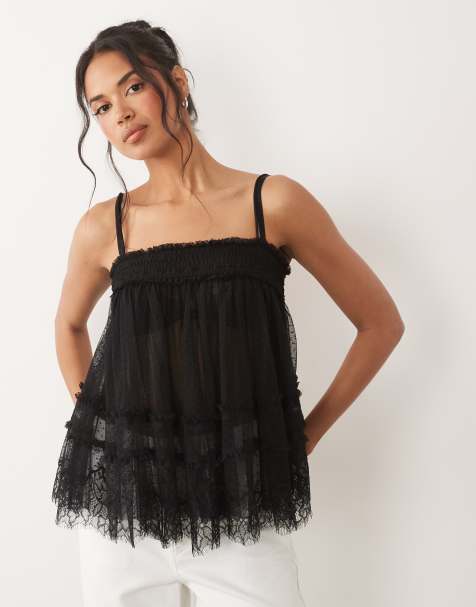 ASOS DESIGN tiered dobby cami top with ruffle frill in black - view 1