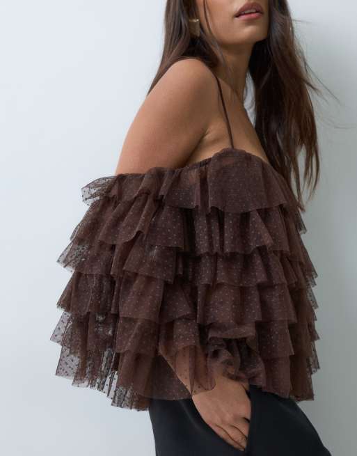 ASOS DESIGN tiered dobby mesh top with cold shoulder in chocolate brown, 4 of 5