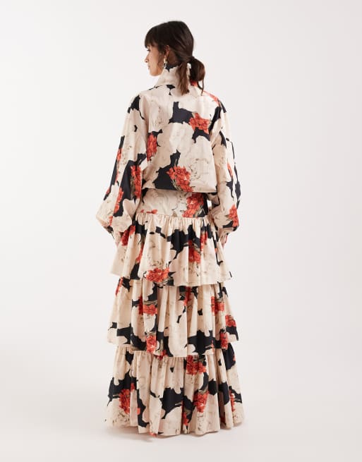 ASOS DESIGN tiered drop waist maxi skirt in red floral co ord, 2 of 5