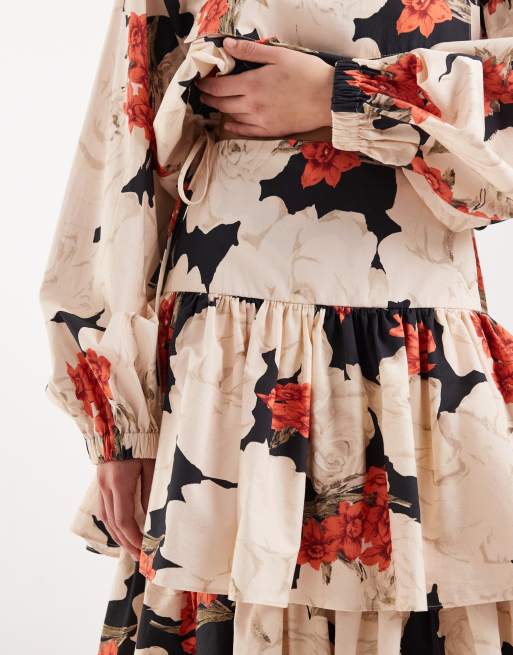 ASOS DESIGN tiered drop waist maxi skirt in red floral co ord, 4 of 5
