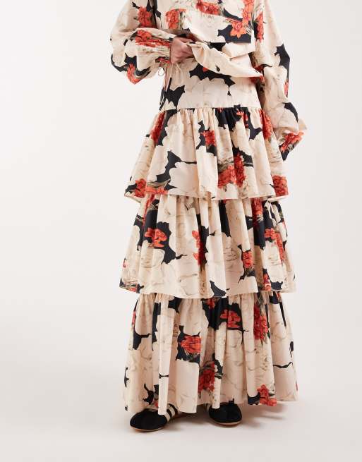 ASOS DESIGN tiered drop waist maxi skirt in red floral co ord, 5 of 5