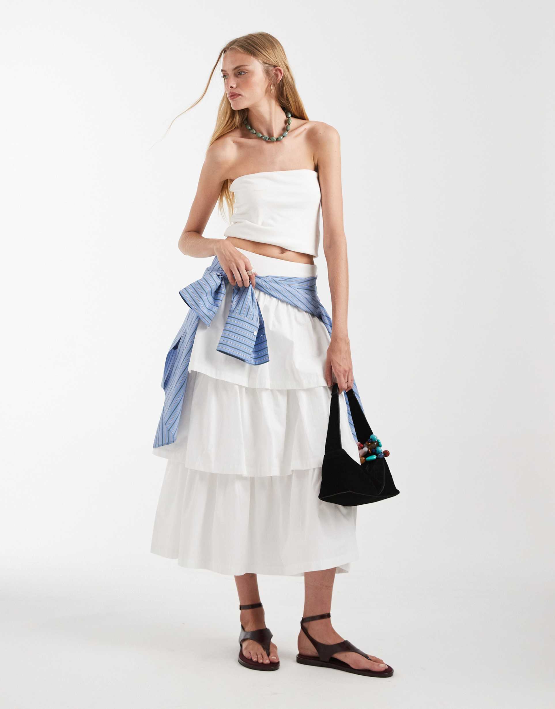 asos design tiered dropped waist boho midi skirt in white