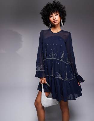 asos design tiered embellished mini dress in midnight navy