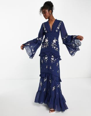 ASOS DESIGN tiered floral embroidered maxi dress with raw edge and button  detail in navy | ASOS