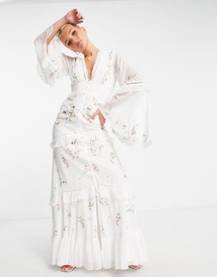 ASOS DESIGN tiered floral embroidered maxi dress with raw edge and button  detail | ASOS