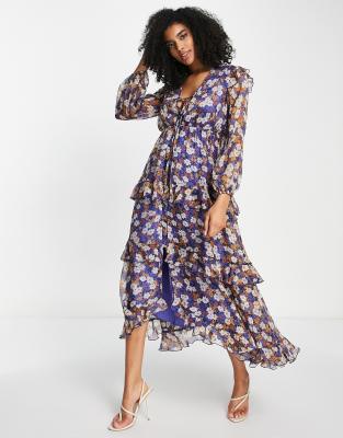 Asos Design Tiered Floral Maxi Dress With Tassels-multi