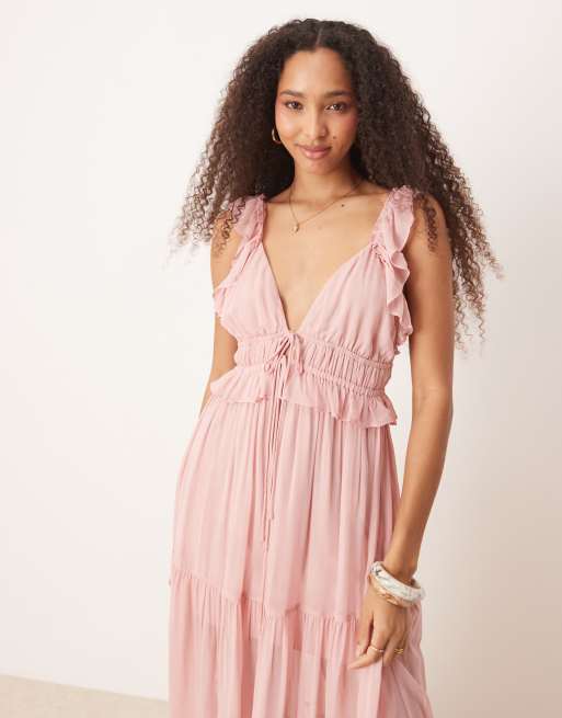 ASOS DESIGN tiered flutter sleeve maxi dress with bow details in pink