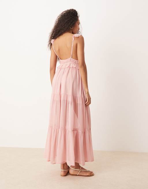 ASOS DESIGN tiered flutter sleeve maxi dress with bow details in pink