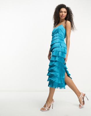 ASOS DESIGN tiered fringed midi dress with cross back detail in teal | ASOS