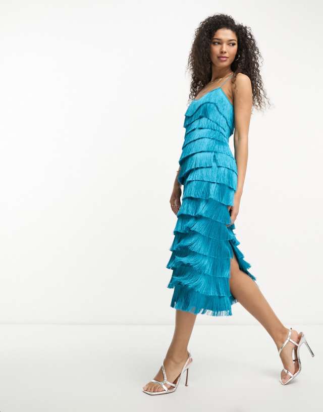 ASOS DESIGN tiered fringed midi dress with cross back detail in teal