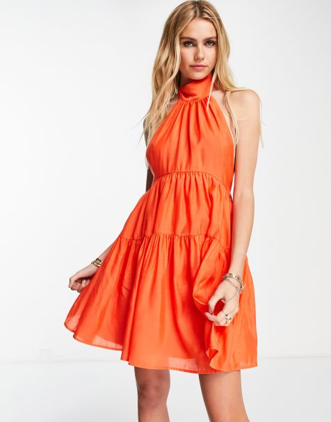 ASOS DESIGN tiered halter voile mini dress with tie back detail in orange - view 1