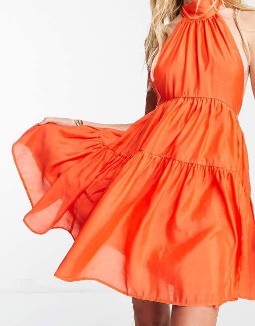 ASOS DESIGN tiered halter voile mini dress with tie back detail in orange, 3 of 4