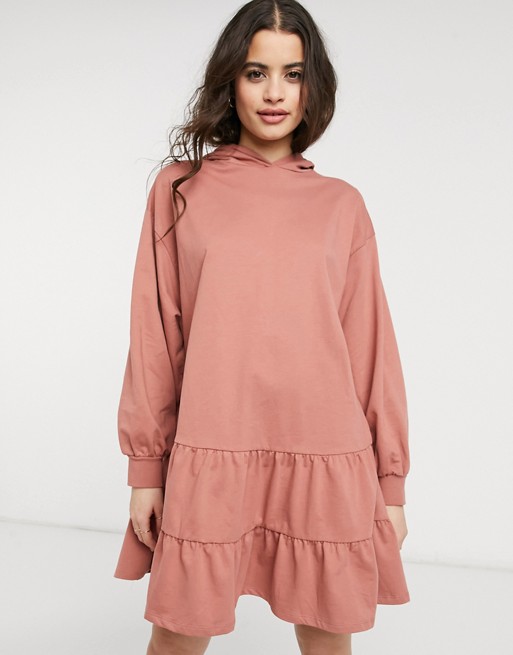 ASOS DESIGN tiered hoodie sweat dress in rose