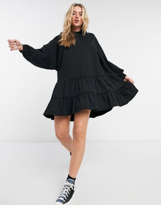 ASOS DESIGN tiered hoodie sweatshirt dress in black