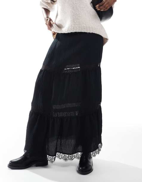 ASOS DESIGN tiered lace insert maxi skirt in black - view 1