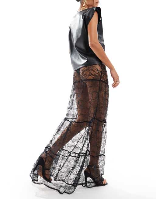 ASOS DESIGN tiered lace maxi skirt in black | ASOS