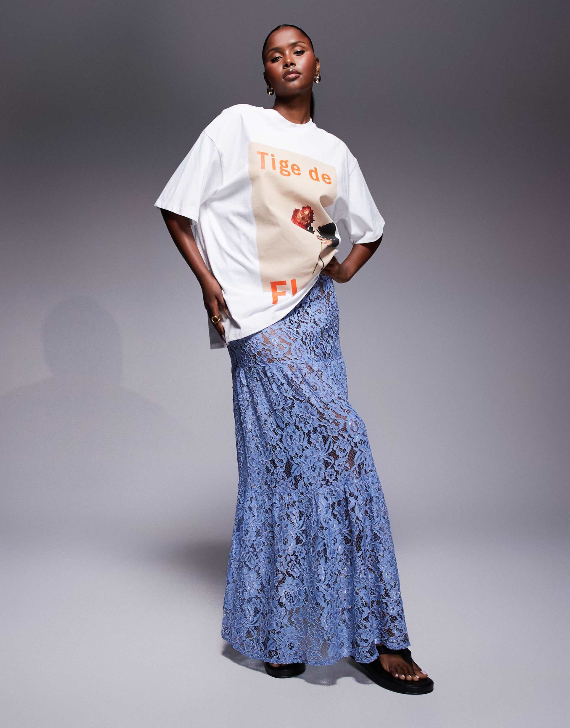 asos design tiered lace maxi skirt in blue