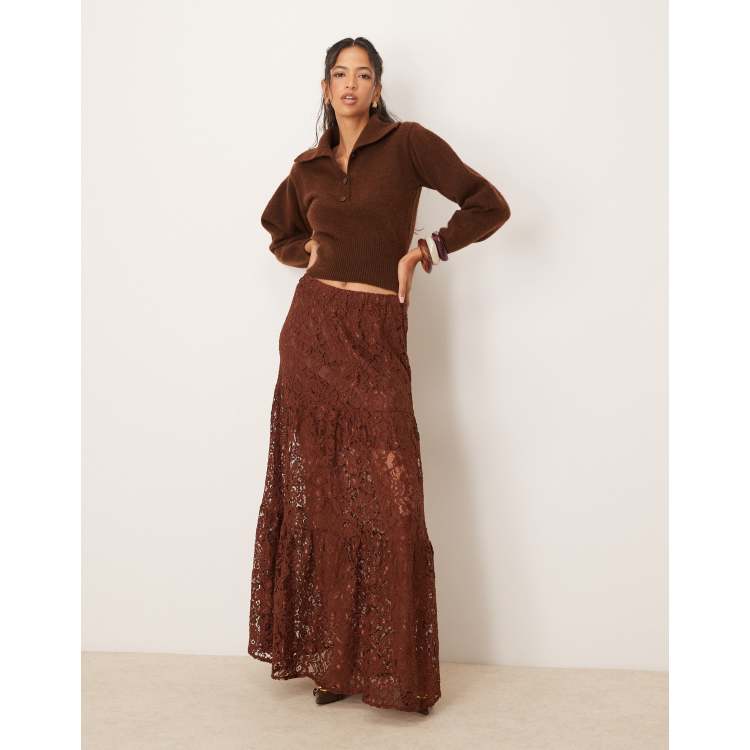 スカート Knit Lace Jagged-hem Skirt / Brown KNIT LACE JAGGED-HEM SKIRT (BROWN) - SLOW STEADY CLUB